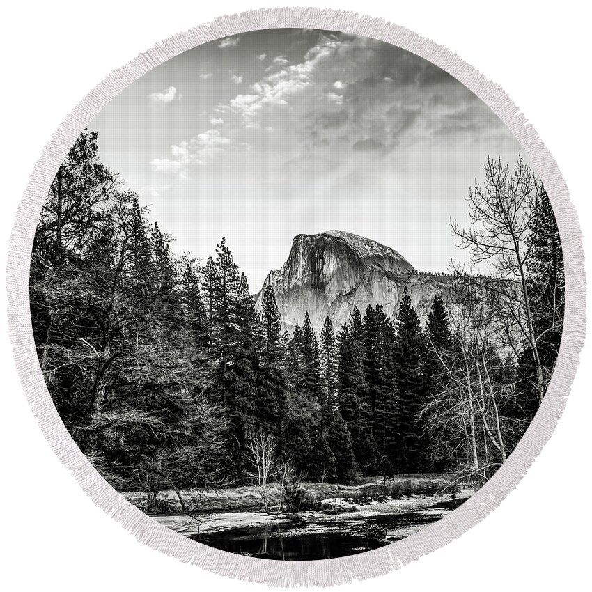 America Round Beach Towel featuring the photograph Half Dome Yosemite Mountain Landscape in Black and White by Gregory Ballos
