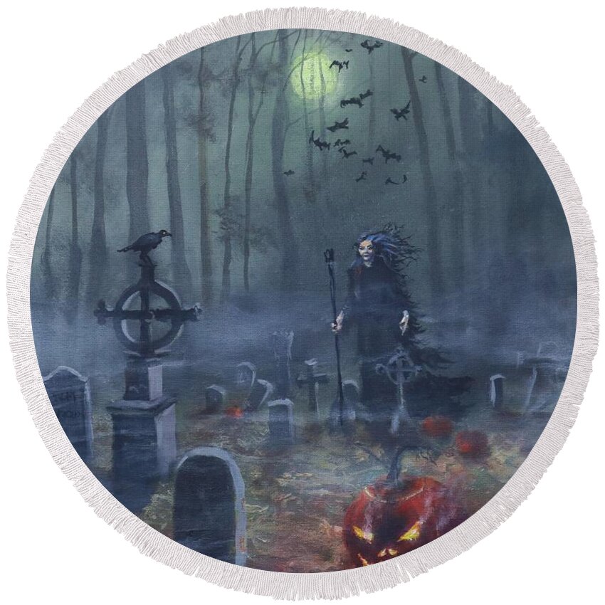 Halloween Round Beach Towel featuring the painting Halloween Night by Tom Shropshire
