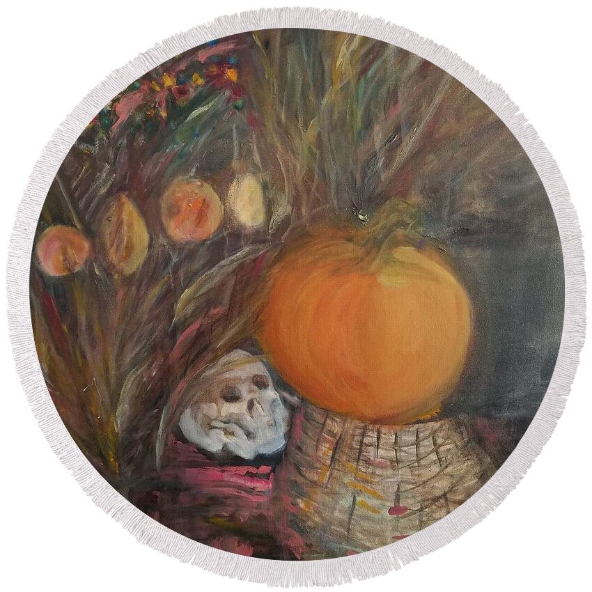 Halloween Pumpkin Skull Floral Flowers Basket Round Beach Towel featuring the painting Halloween Pumpkin by Beverly Smith