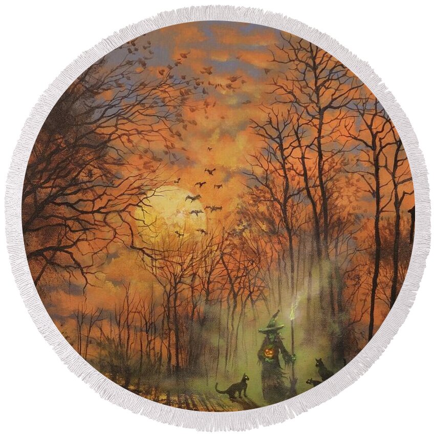 Halloween Round Beach Towel featuring the painting Halloween Witch by Tom Shropshire