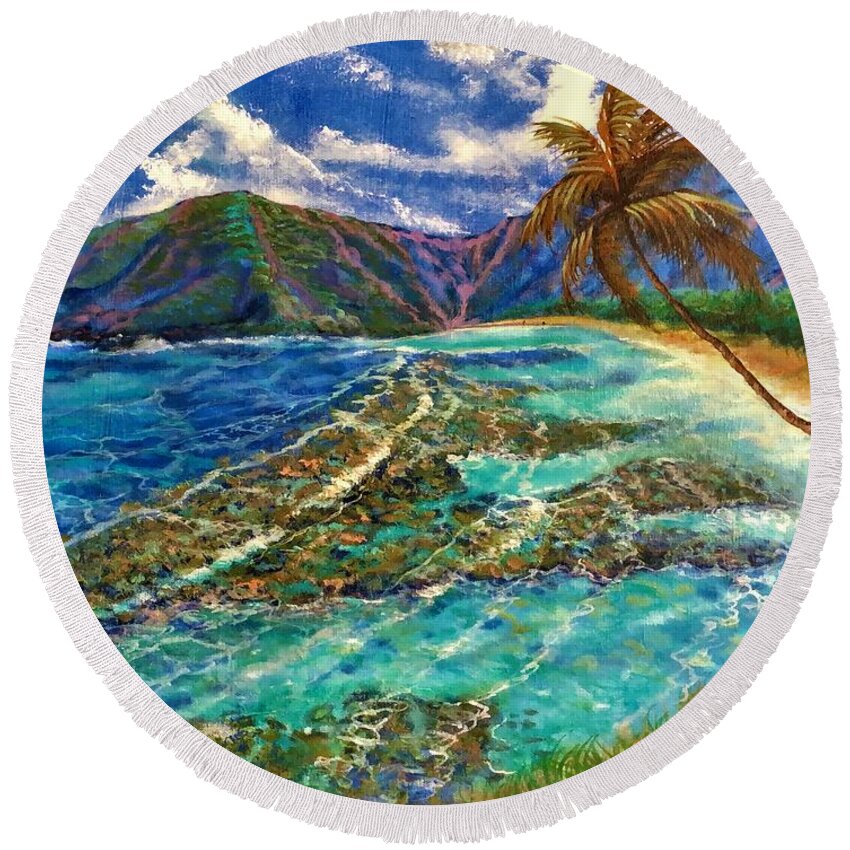 Hanauma Bay Hawaii Seascape Round Beach Towel featuring the painting Hanauma Bay Hawaii by Leland Castro