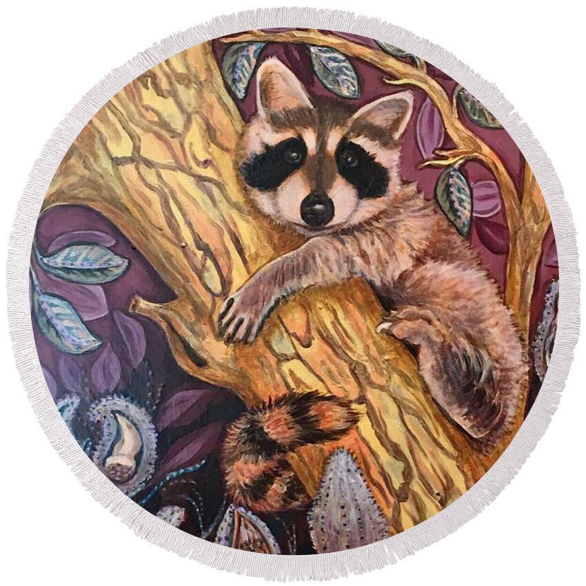 Racccoon Round Beach Towel featuring the painting Hanging Out At Home by Linda Markwardt