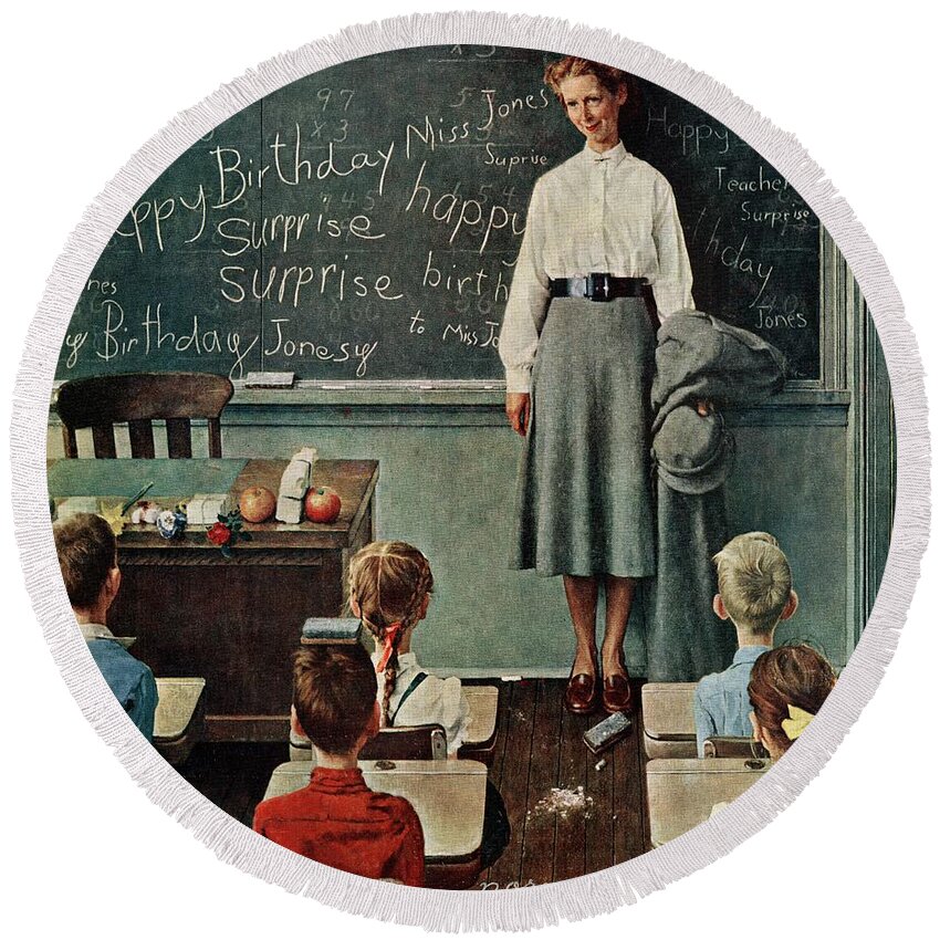 Birthdays Round Beach Towel featuring the painting happy Birthday, Miss Jones by Norman Rockwell