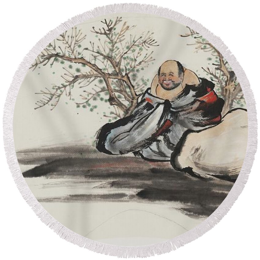 Chinese Watercolor Round Beach Towel featuring the painting Happy Wandering Buddha #2 by Jenny Sanders