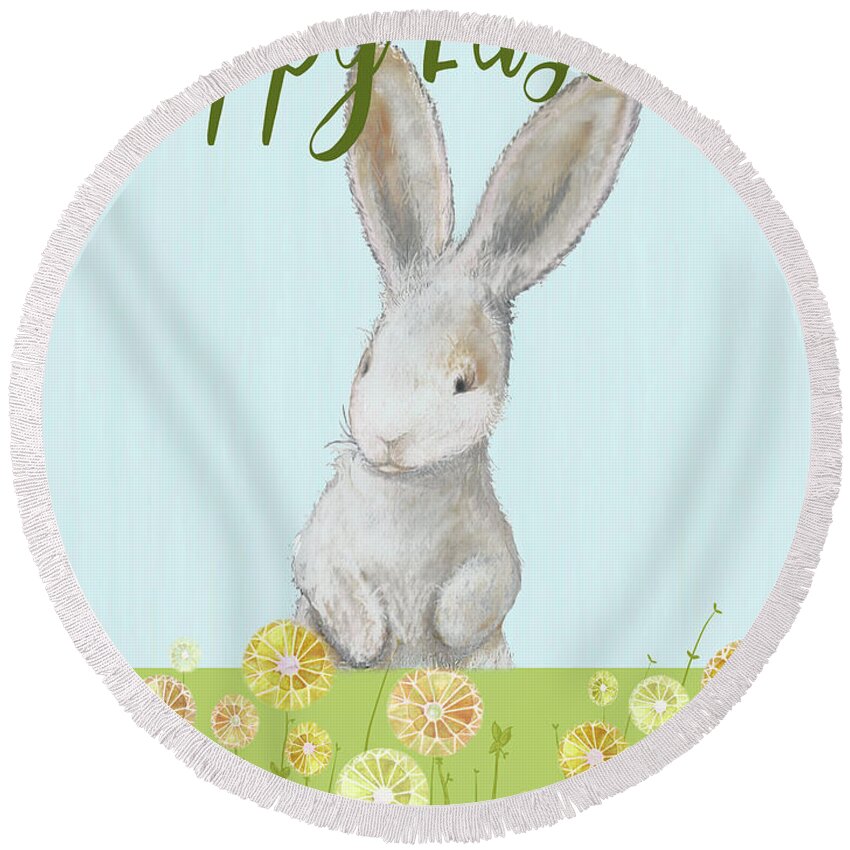 Happy Round Beach Towel featuring the mixed media Happy Easter Bunny I by Diannart