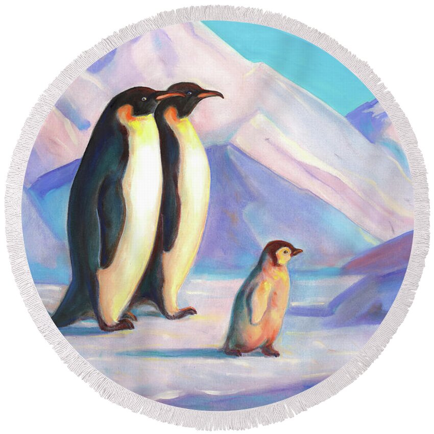 Penguin Round Beach Towel featuring the painting Happy Penguin Family by Svitozar Nenyuk