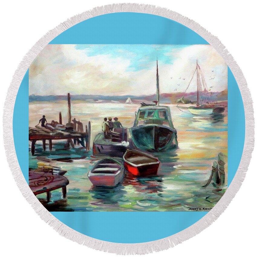 Harbor Round Beach Towel featuring the painting Harbor by Mary Krupa by Bernadette Krupa