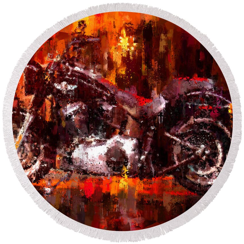  Impressionism Round Beach Towel featuring the painting Harley Davidson Fat Boy dark by Vart Studio