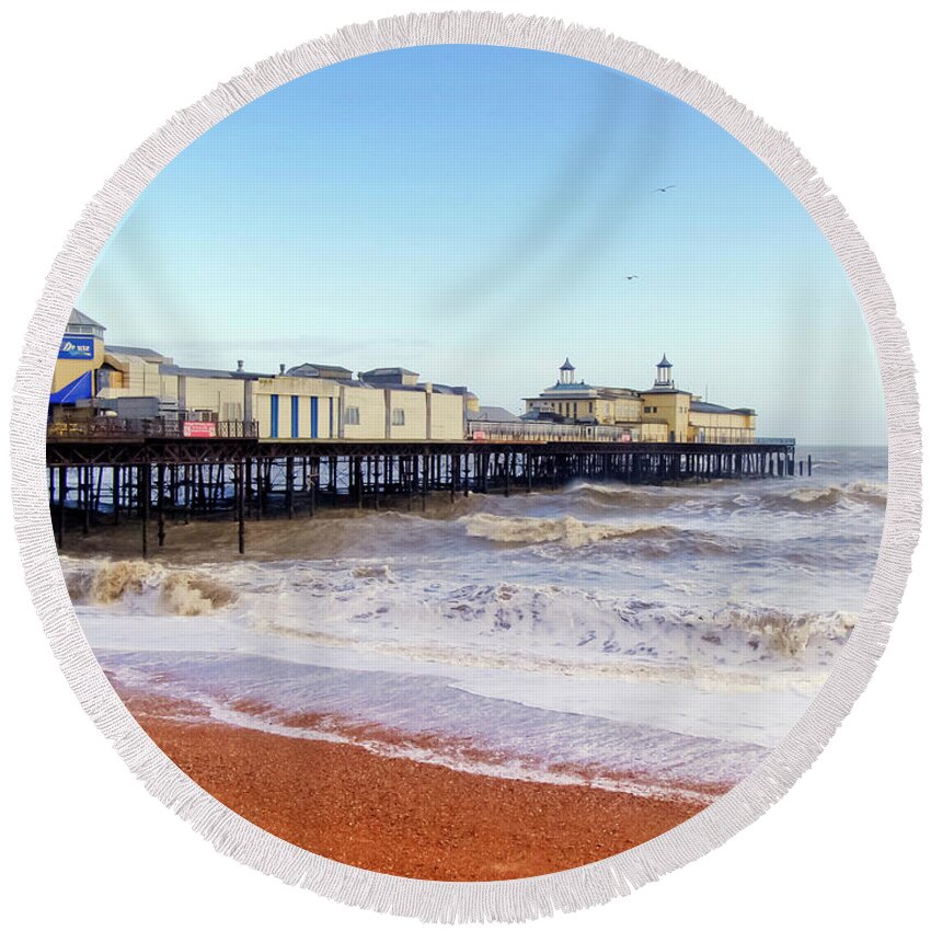 Hastings Round Beach Towel featuring the photograph Hastings Pier Before the Fire by Terri Waters