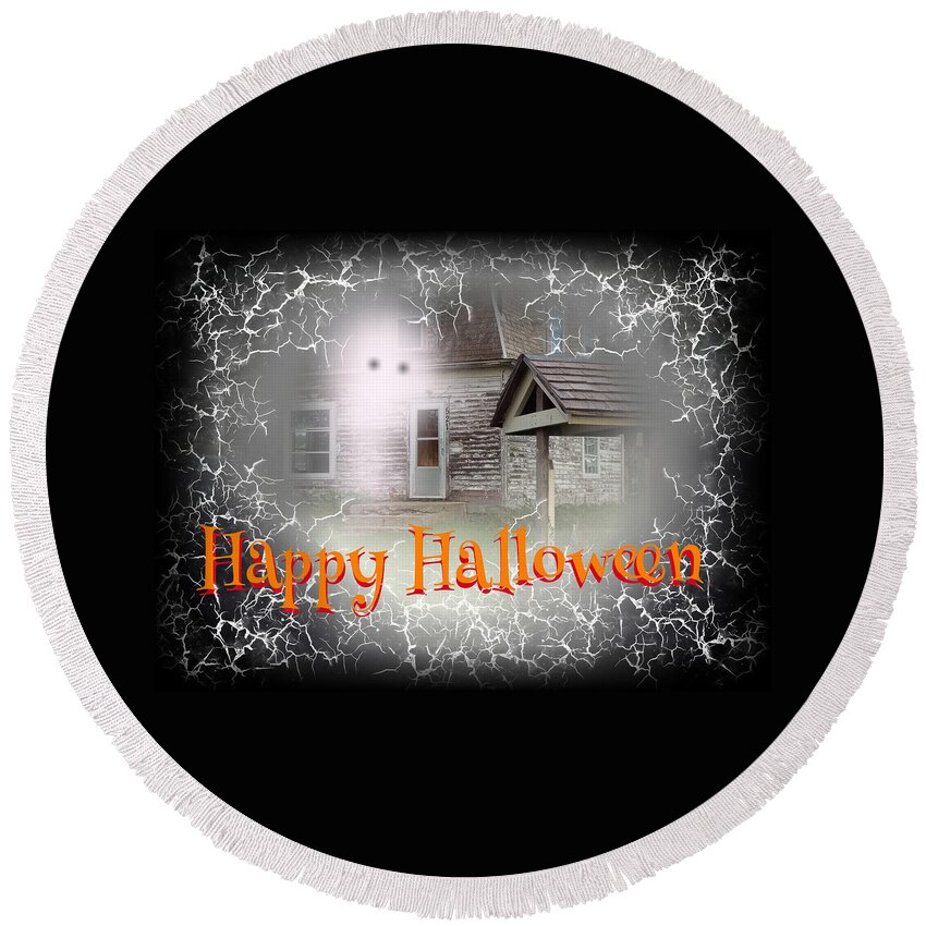 Haunted House Round Beach Towel featuring the digital art Haunted House Happy Halloween Card by Delynn Addams