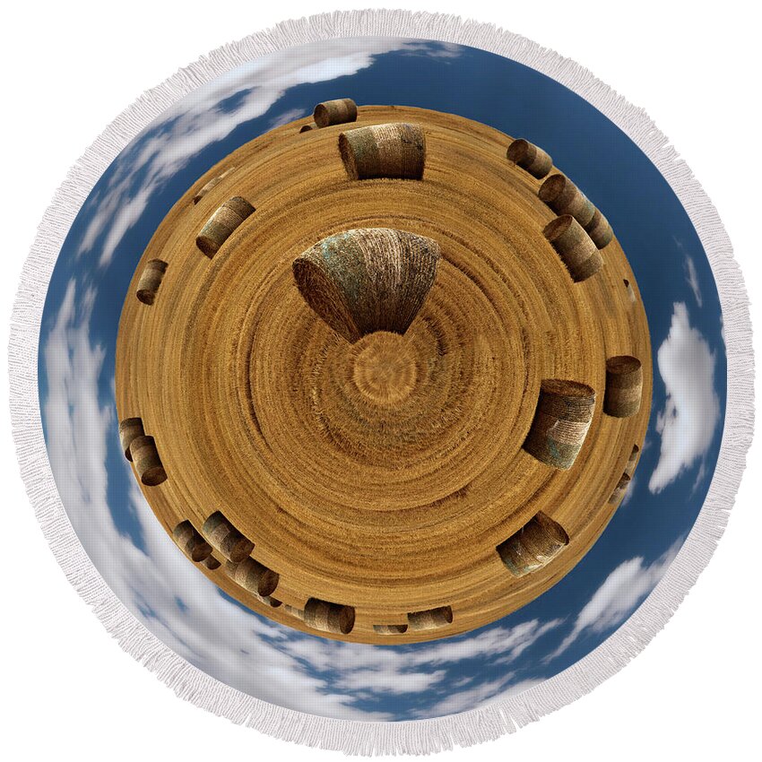Hay Little Planet Planet Farm Bales Round Wheat Straw Circular Haybale Stubble Cloud Sky Nd North Dakota Farm Farming Ag Agriculture Cows Feed Harvest Round Beach Towel featuring the photograph Hay Planet by Peter Herman