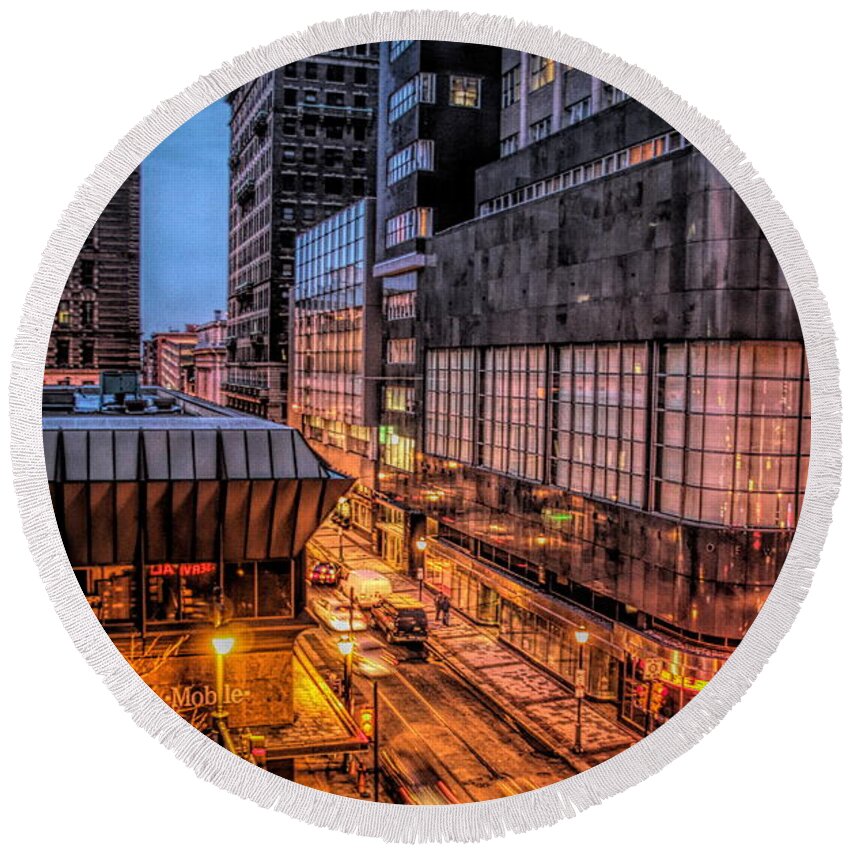 Philadelphia Round Beach Towel featuring the digital art HD Downtown Philadelphia Night Photography by Chuck Kuhn