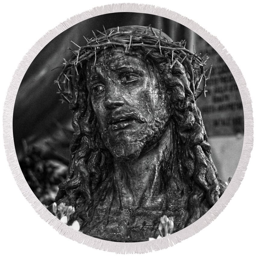 Catholic Round Beach Towel featuring the photograph Head of Christ crowned with thorns in a Taormina Church BW by RicardMN Photography