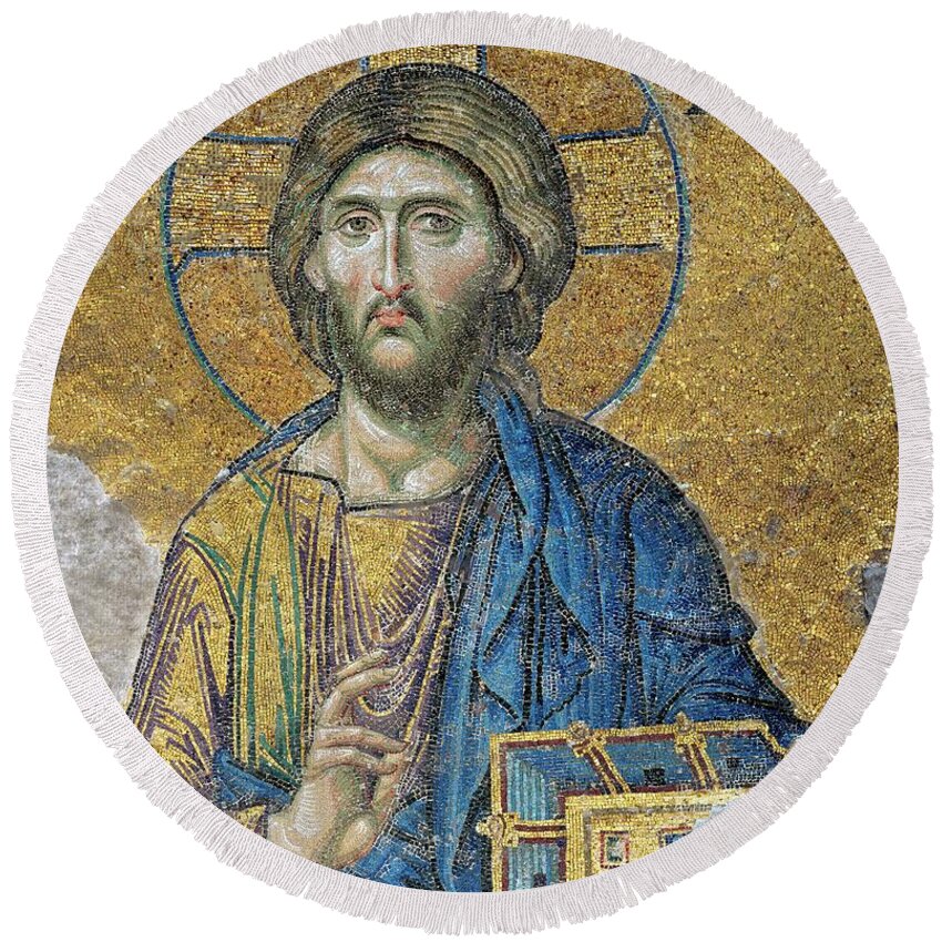 Jesus Round Beach Towel featuring the painting Head of Christ. Mosaic from apse at Santa Sophia, Istanbul XIIth century a.D. Artist Unknown. by Album