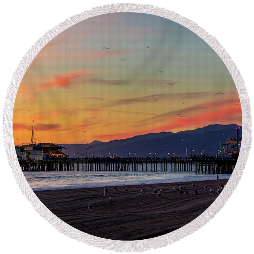 Santa Monica Pier Round Beach Towel featuring the photograph Heading Home At Dusk by Gene Parks