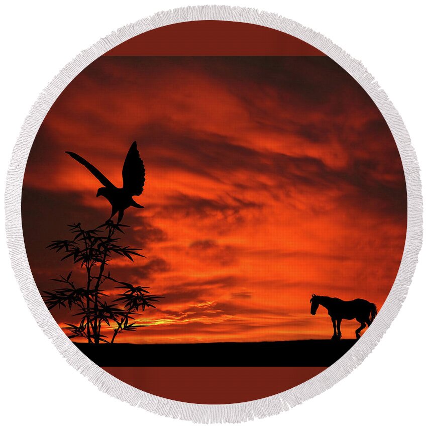 Heading Home Round Beach Towel featuring the mixed media Heading Home Horse Eagle Sunset Silhouette Series  by David Dehner