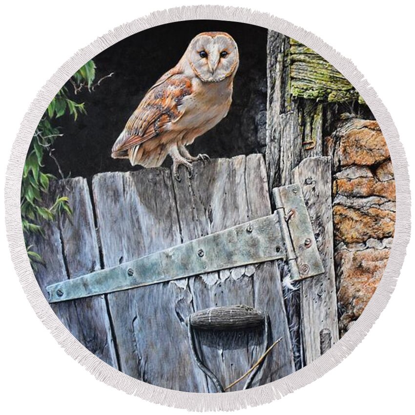 Paintings Round Beach Towel featuring the painting Heading Out For Dinner - Barn Owl by Alan M Hunt by Alan M Hunt