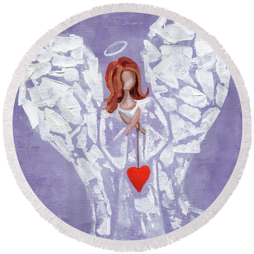 Angel Round Beach Towel featuring the painting Heard on High Angel - purple heart by Annie Troe