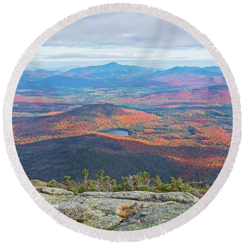 Adirondacks Round Beach Towel featuring the photograph Heart Lake and Whiteface Mountain as seen from the Summit of Wright Mountain Adirondacks by Toby McGuire