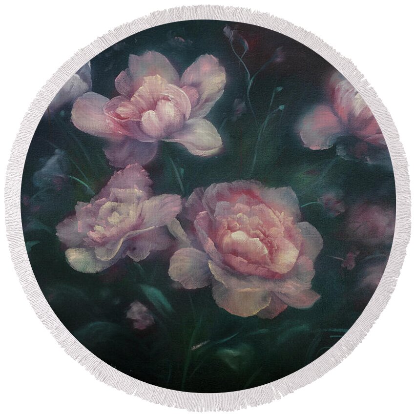 Pink Peonies Round Beach Towel featuring the painting Heavenly Pink Peonies by Lynne Pittard