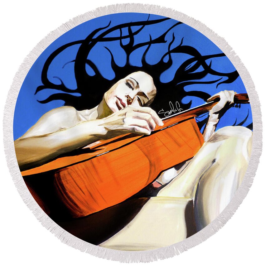 Hair Art Woman Girl Lady Lover Love Sexy Nude Blue Orange Tribal Fire Guitar Acoustic Folk Rock Country Jazz Music Musician Notes Strings Eyes Lips Legs Couch Cool Hot Colors Colorful Round Beach Towel featuring the painting Her Guitar by Sergio Gutierrez