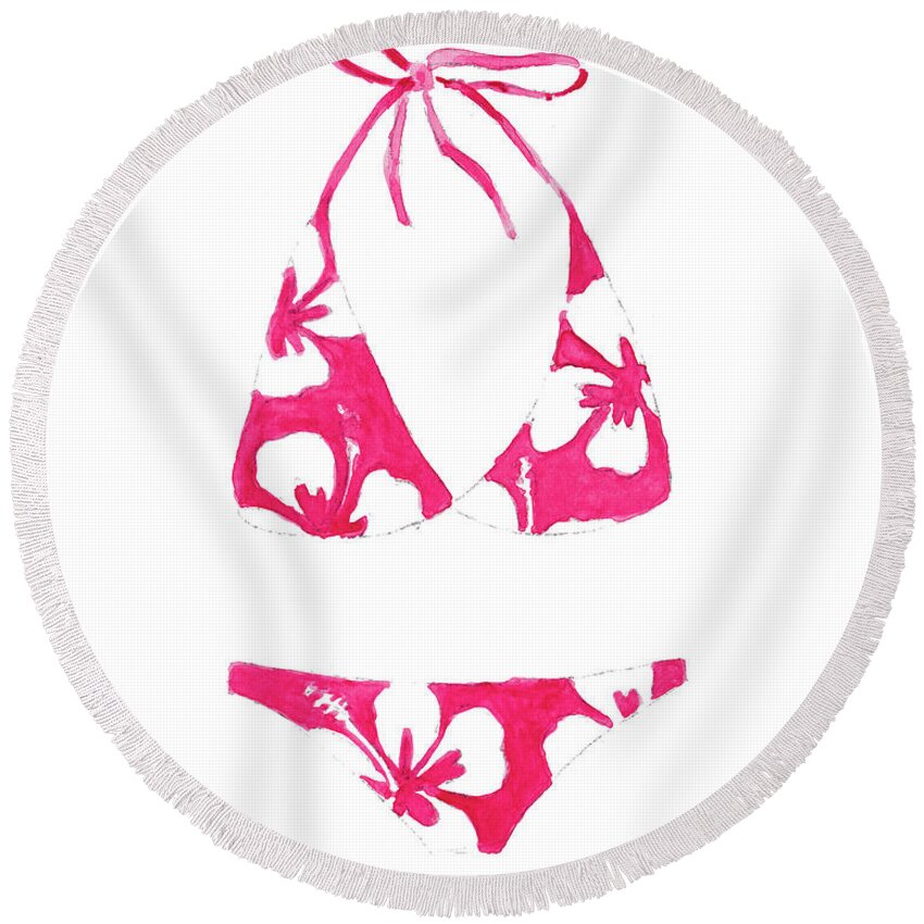 Hibiscus Round Beach Towel featuring the mixed media Hibiscus Bikini by Lanie Loreth
