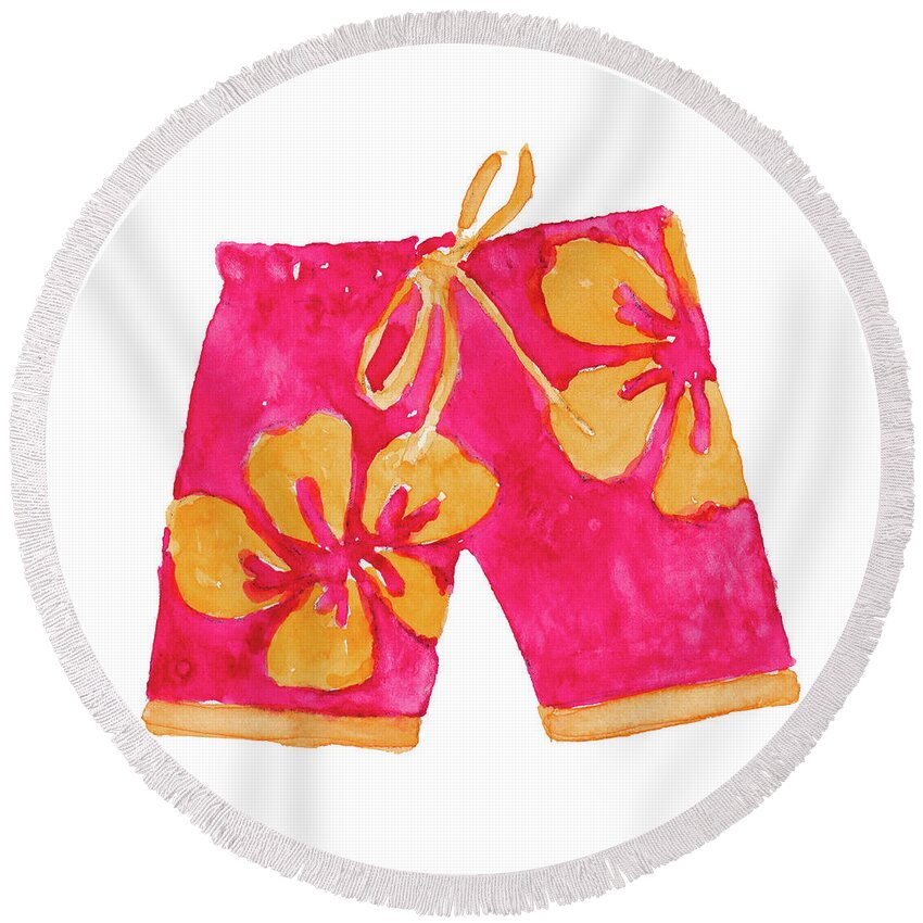 Hibiscus Round Beach Towel featuring the mixed media Hibiscus Pink Board Trunks by Lanie Loreth