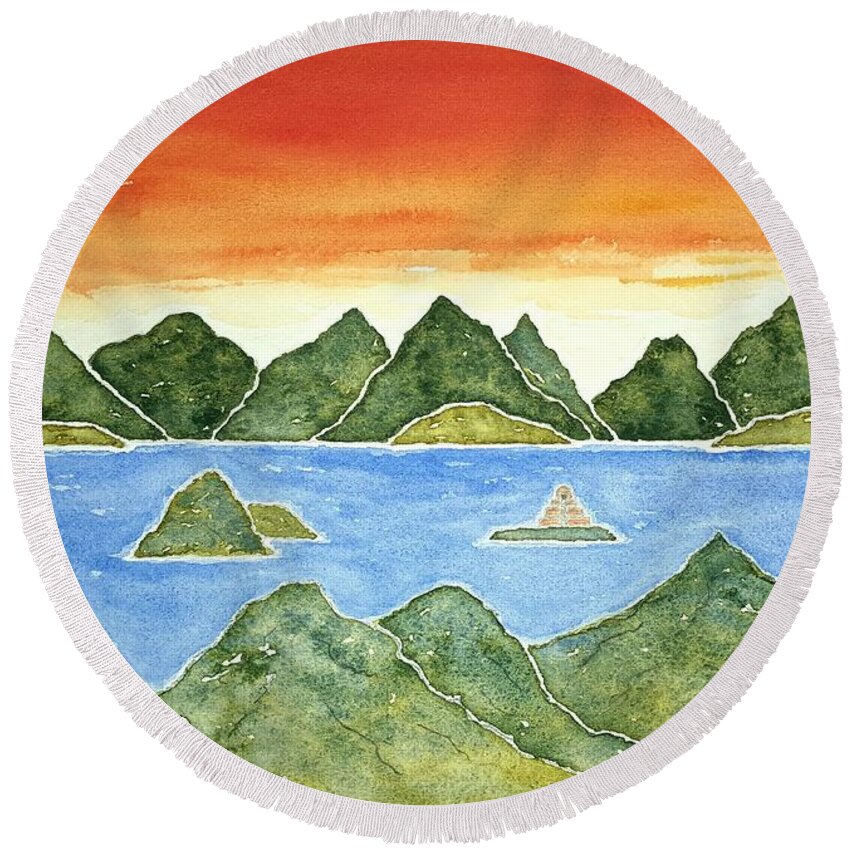 Watercolor Round Beach Towel featuring the painting Hidden Islands Lore by John Klobucher