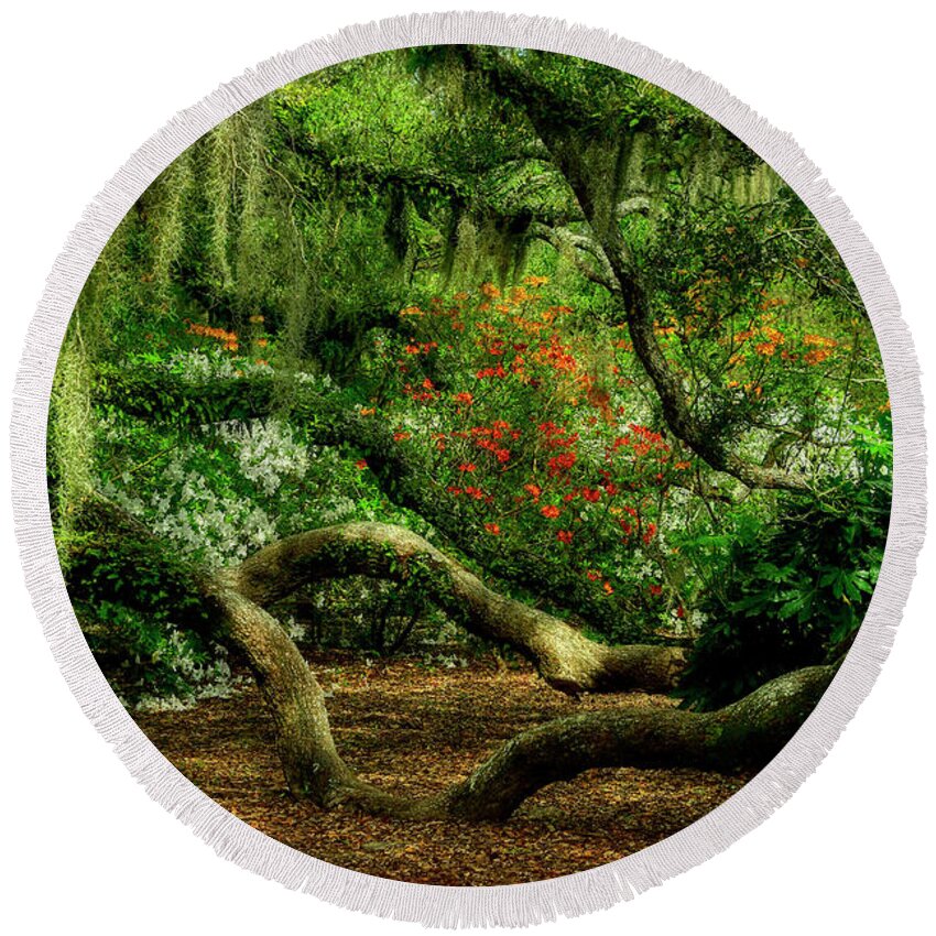 Scenic Round Beach Towel featuring the photograph Hidden Under The Old Oak Tree by Kathy Baccari