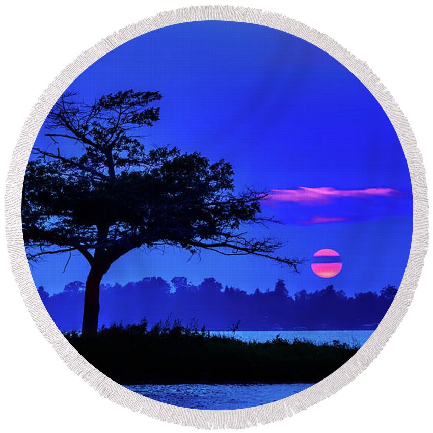 Cherry Red Sunset Round Beach Towel featuring the photograph Higgins Lake Cherry Red Sunset by Joe Holley