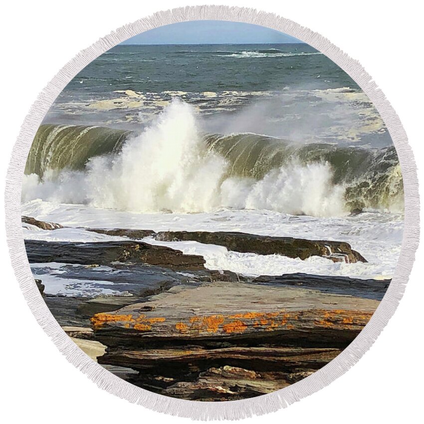 Winter Round Beach Towel featuring the painting High Surf Warning by Jeanette French