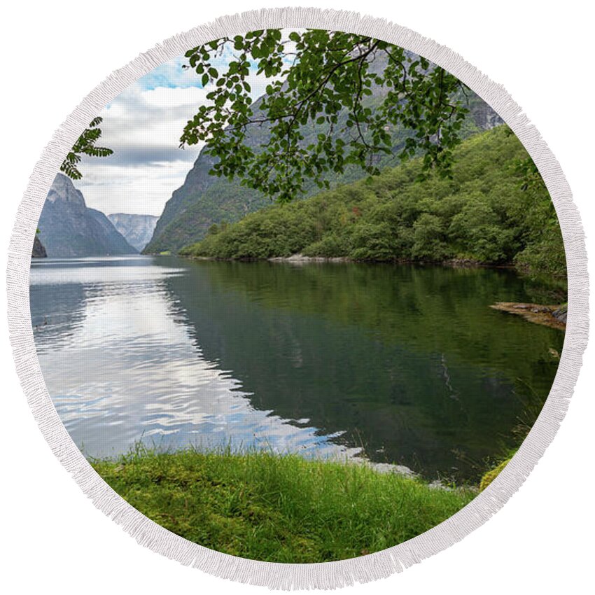 Outdoors Round Beach Towel featuring the photograph Hiking the Old Postal Road by the Naeroyfjord, Norway by Andreas Levi