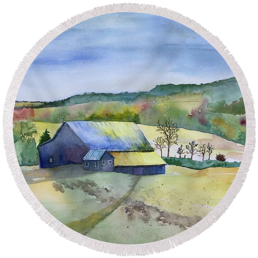 Farm Round Beach Towel featuring the painting Hill Barn in Fall by Christine Lathrop