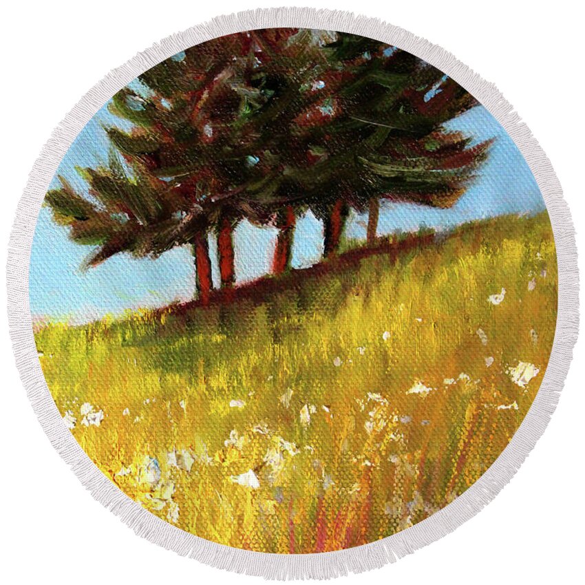 Evergreen Trees Round Beach Towel featuring the painting Hillside Evergreens by Nancy Merkle