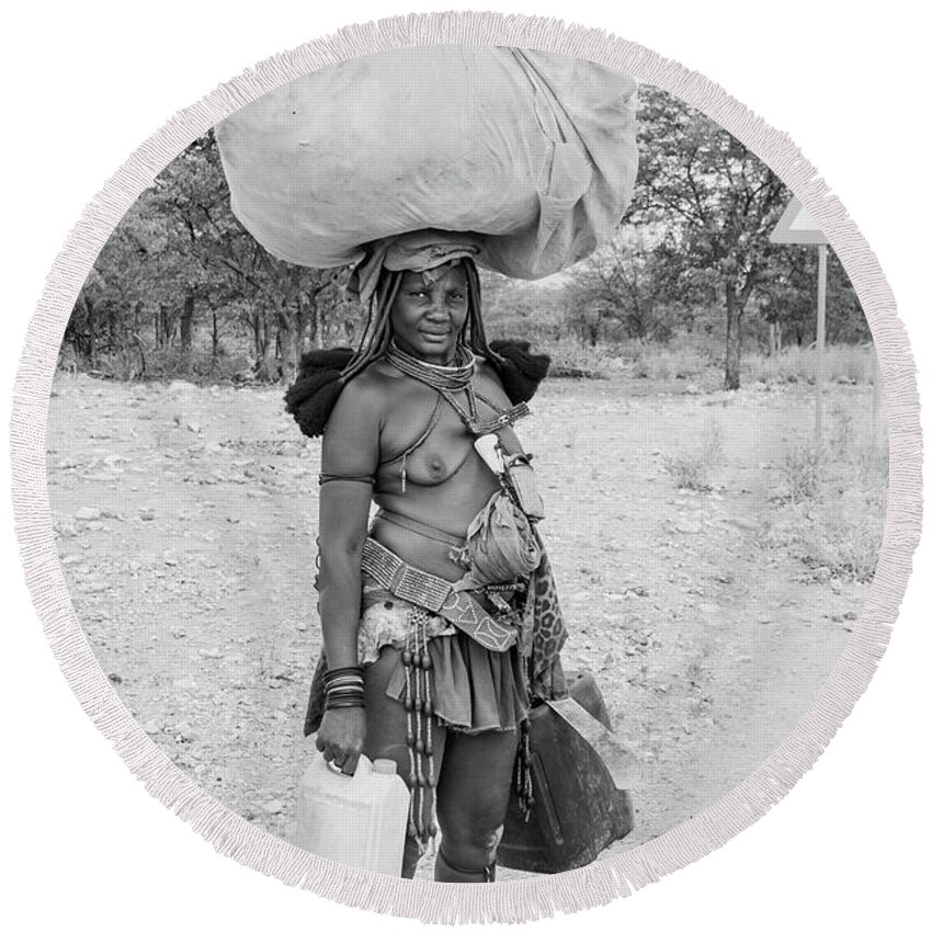 Portrait Round Beach Towel featuring the photograph Himba woman 3 by Mache Del Campo