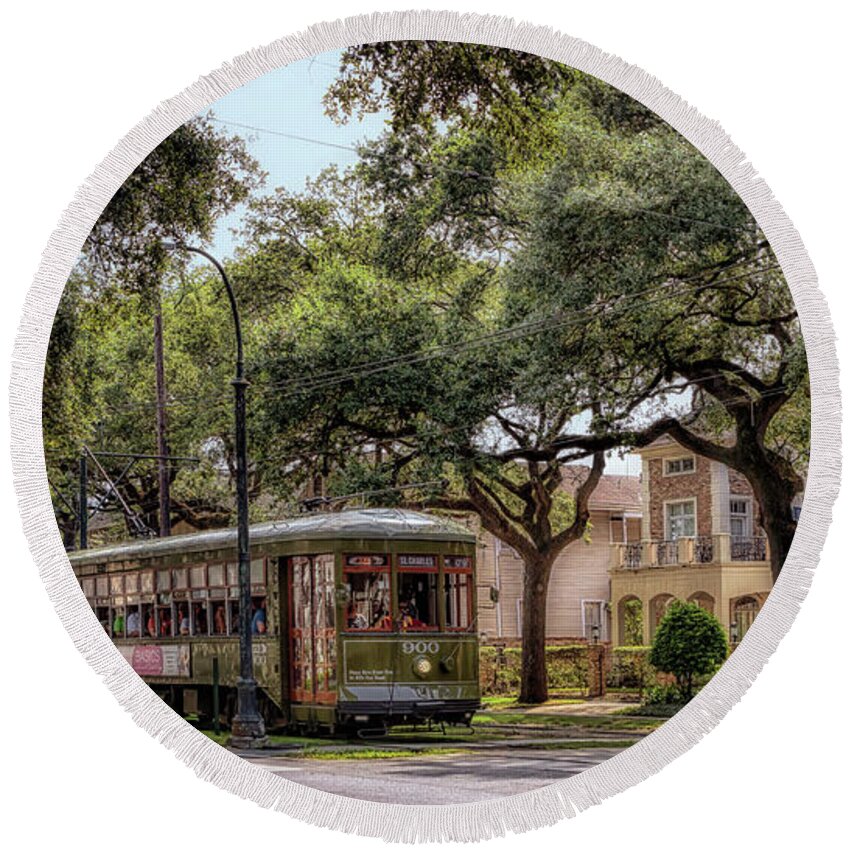 Garden District Round Beach Towel featuring the photograph Historic St. Charles Streetcar by Susan Rissi Tregoning