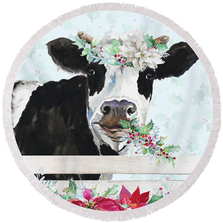 Holiday Round Beach Towel featuring the painting Holiday Crazy Cow by Patricia Pinto