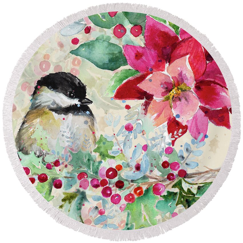 Holiday Round Beach Towel featuring the painting Holiday Poinsettia And Cardinal II by Patricia Pinto
