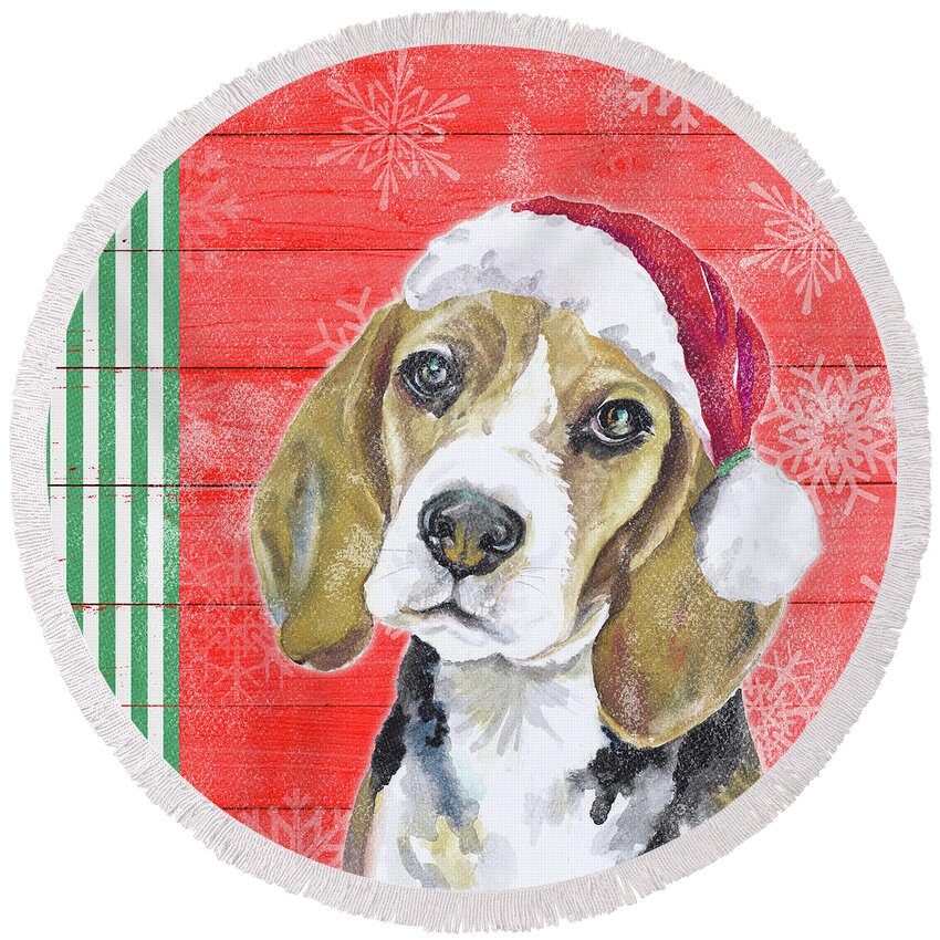 Holiday Round Beach Towel featuring the painting Holiday Puppy I by Patricia Pinto