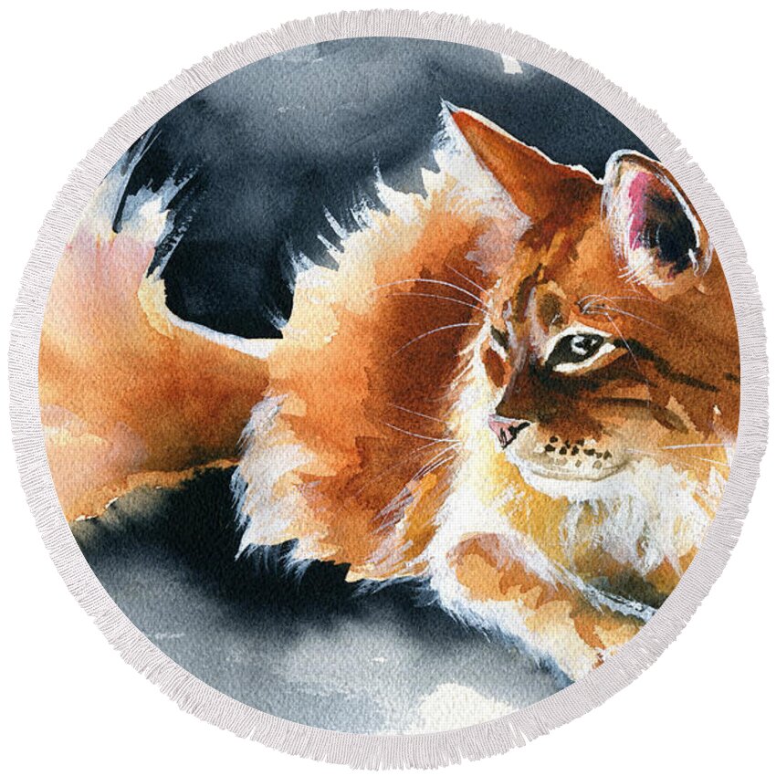 Fluff Round Beach Towel featuring the painting Holy Ginger Fluff - Cat Painting by Dora Hathazi Mendes