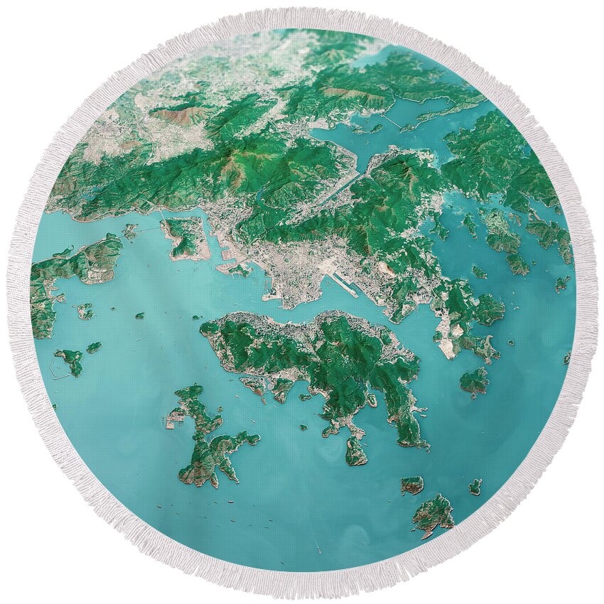 Hong Kong Round Beach Towel featuring the digital art Hong Kong City 3D Render Aerial Landscape View From South Jan 20 by Frank Ramspott