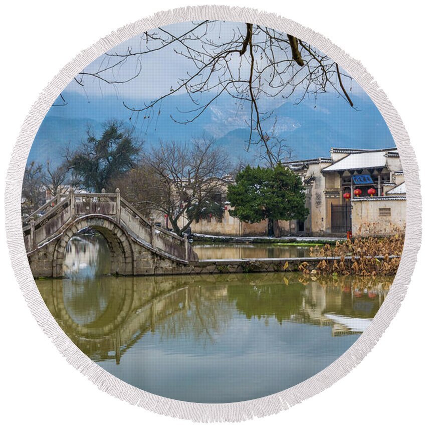 Anhui Province Round Beach Towel featuring the photograph Hongcun Round Bridge by Inge Johnsson