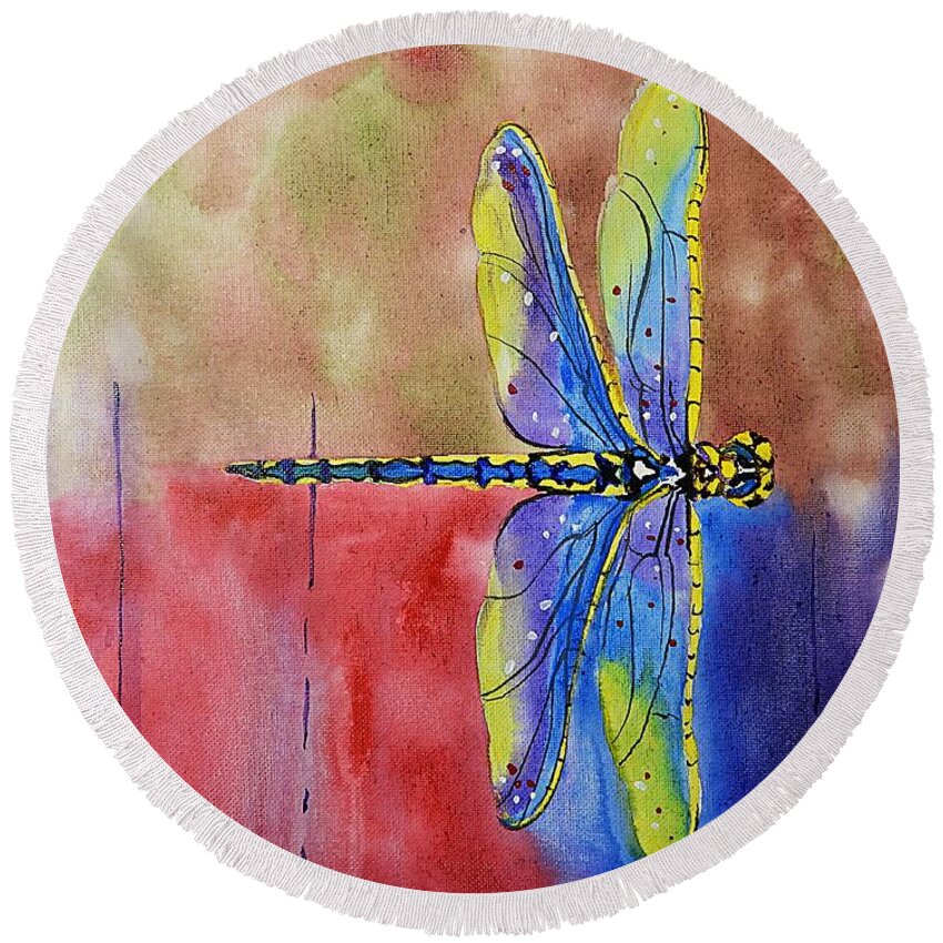 Dragonfly Round Beach Towel featuring the painting Horizontal Flight by Tom Riggs