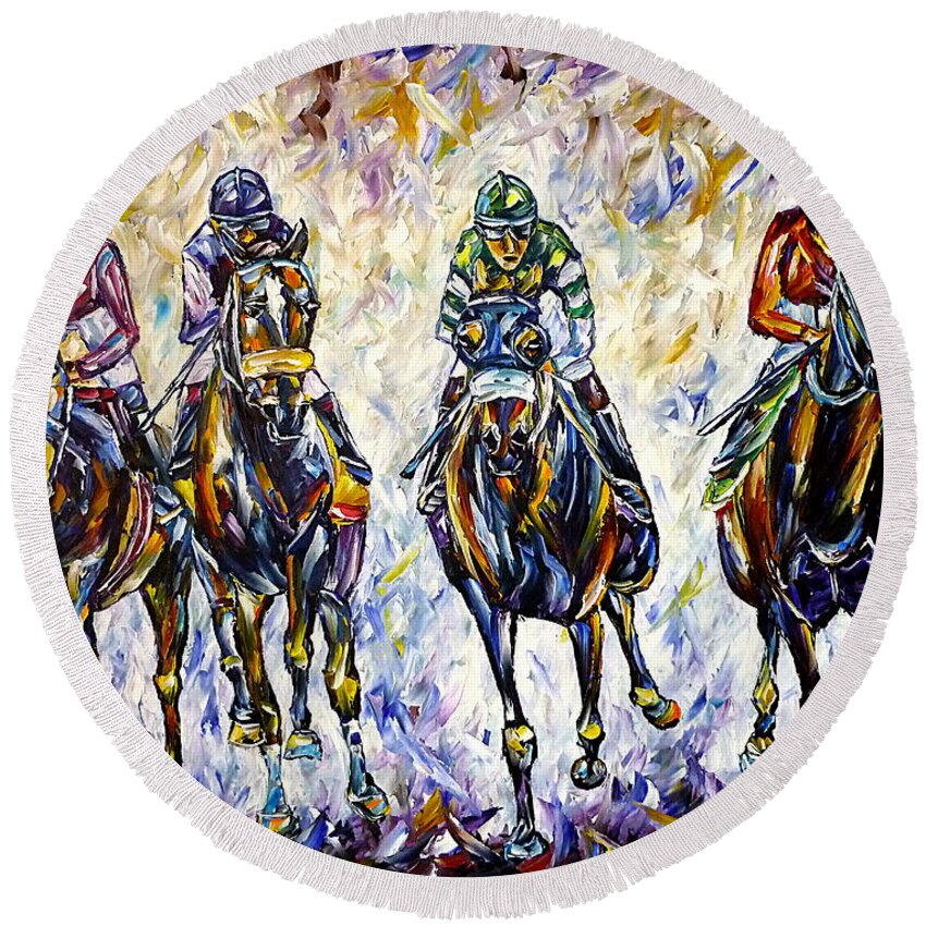 I Love Horses Round Beach Towel featuring the painting Horse Race by Mirek Kuzniar