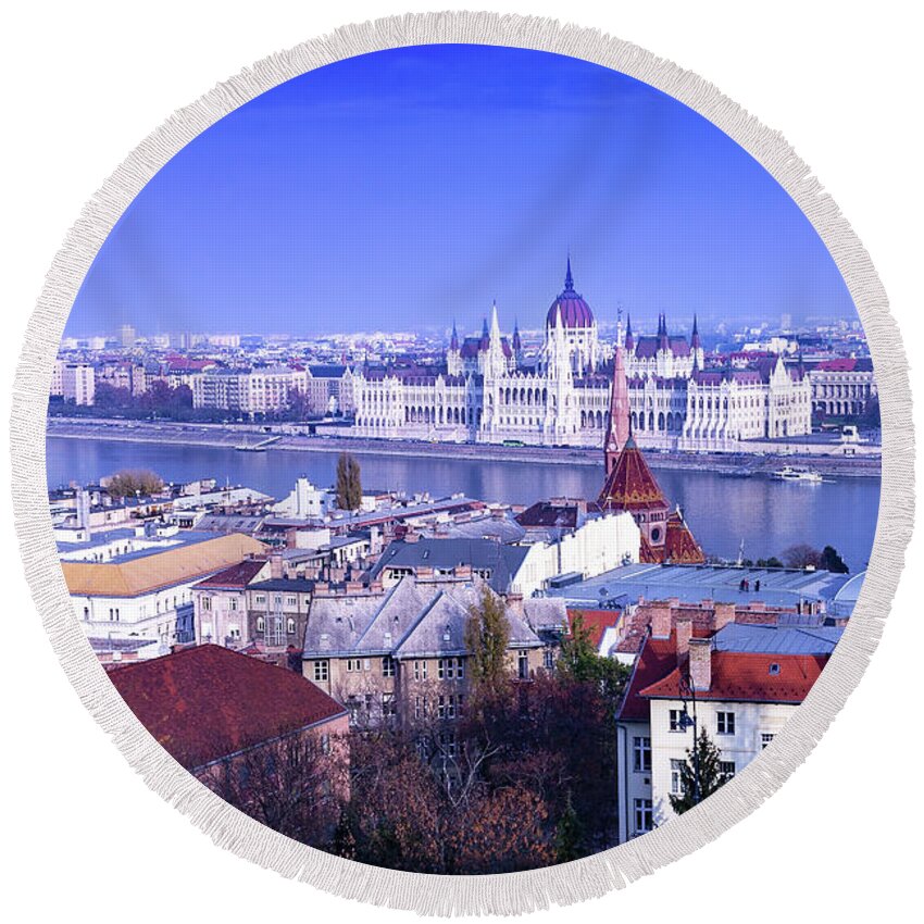 Budapest Round Beach Towel featuring the photograph Hungarian Parliament From Buda by Diane Macdonald
