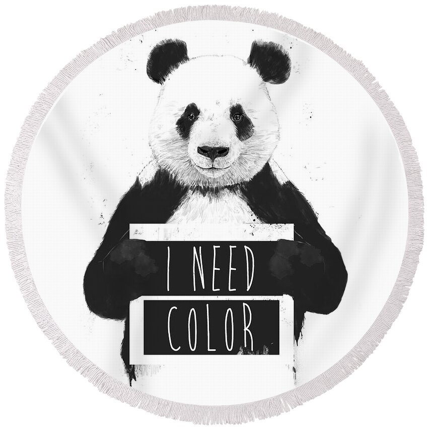 Panda Round Beach Towel featuring the mixed media I need color by Balazs Solti