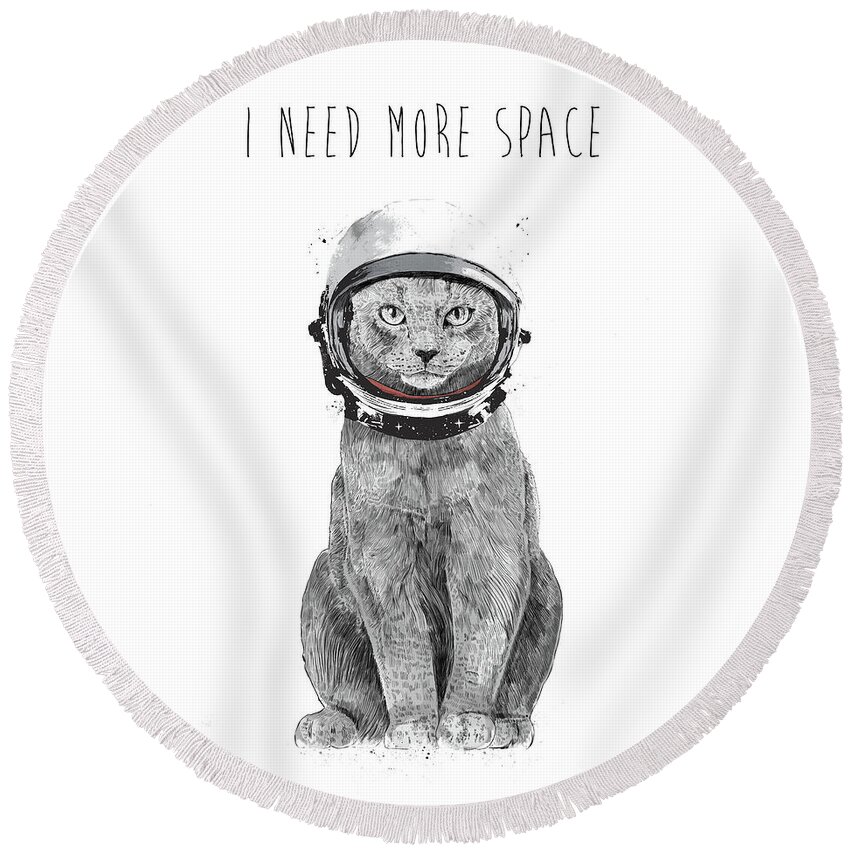 Cat Round Beach Towel featuring the drawing I need more space by Balazs Solti