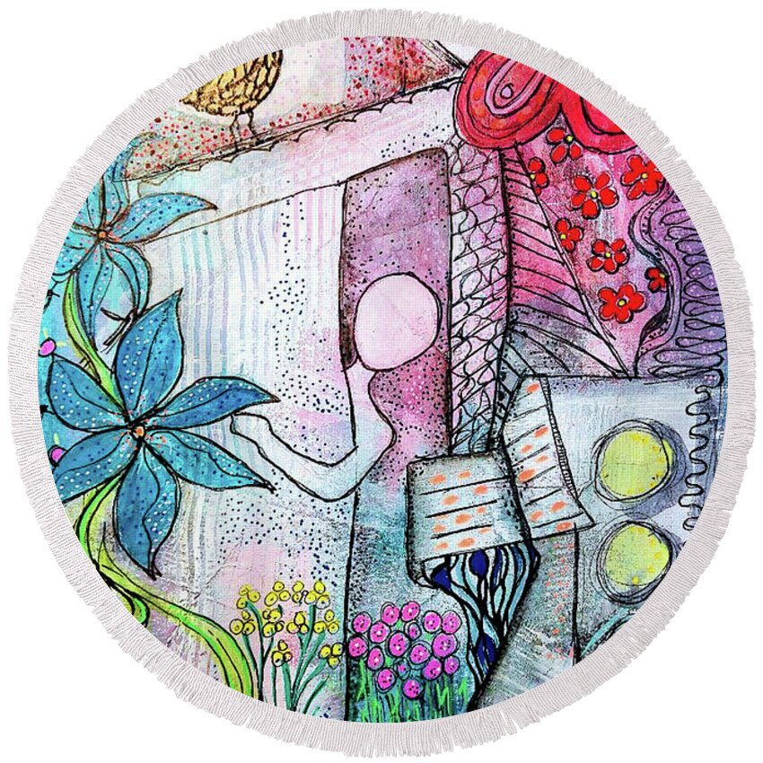 Spring Round Beach Towel featuring the mixed media I Opened the Curtain and there was Spring by Mimulux Patricia No