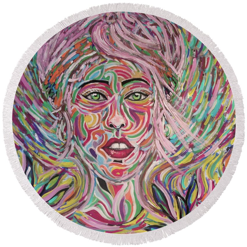 Portrait Abstract Painting Round Beach Towel featuring the painting I prefer living in color by Jeff Jeudy