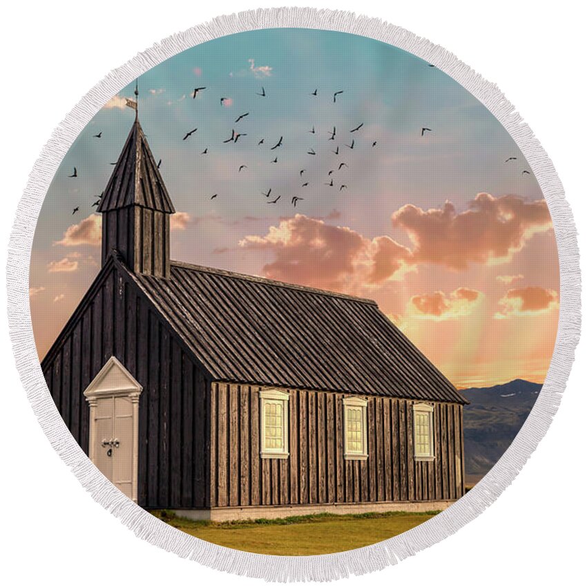 Iceland Round Beach Towel featuring the photograph Iceland Chapel by David Letts